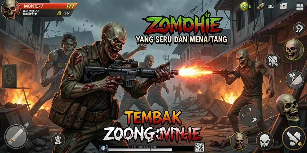Tampilan antarmuka <strong>MONTE77</strong> dalam aksi menembak zombie.