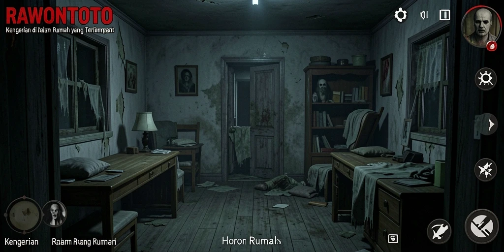 Tampilan antarmuka menegangkan saat menjelajahi rumah berhantu.