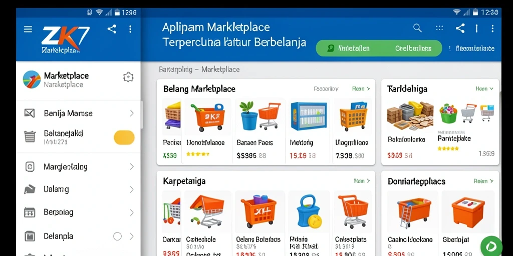 Screenshot aplikasi ZK7 menampilkan antarmuka Marketplace yang modern dan user-friendly.